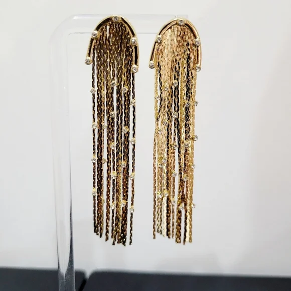 Brand New Gold Tone Rhinestone Tassel Long Earrings - Picture 4 of 8